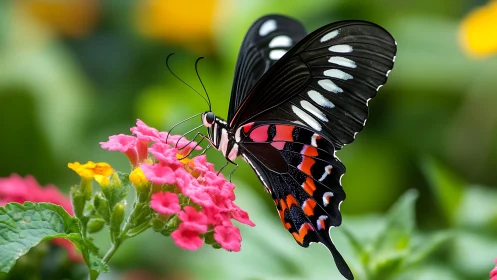 Velvet-winged butterfly sipping color from garden blooms.