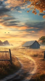 Country dirt road leading to rustic barn at sunrise.