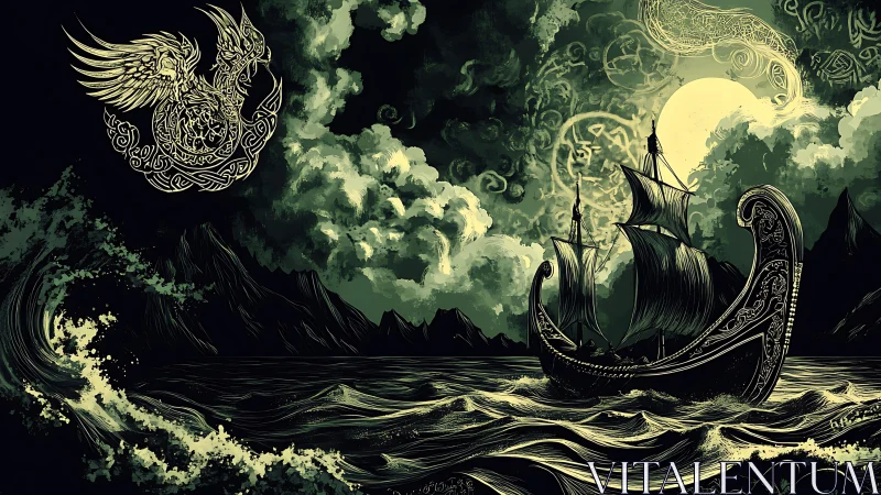 Mythic longship cuts through storm-lit sea under runic moon