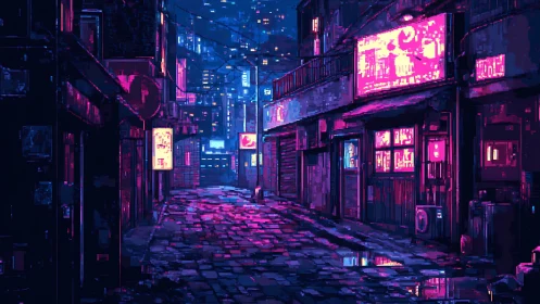 Neon-saturated cyber alleyway in pixel-tier urban nocturne.