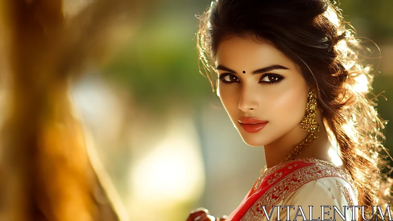 Elegant Indian woman in traditional attire with golden sunlight.