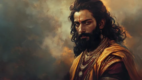 Regal warrior portrait in ornate traditional attire.