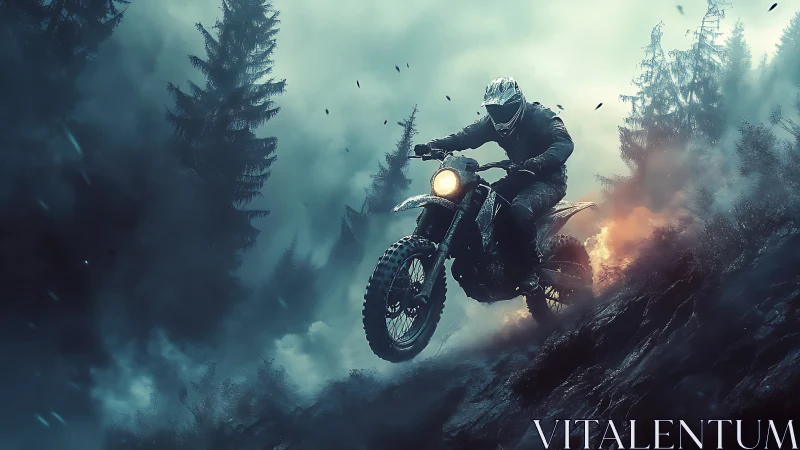 Night ride through stormy pines on a fearless dirt bike.