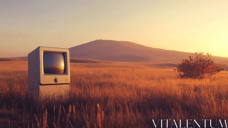 Retro monitor daydreams in a sunlit wildgrass valleyscape.