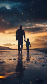 Sunset shoreline stroll with a parent and child in rain.