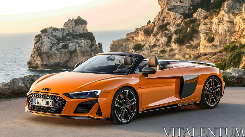 Orange Audi R8 Spyder parked beside rocky coastal cliffs.