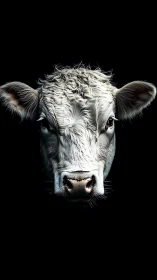 White cow head portrait isolated on solid black background