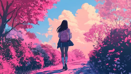 Girl walks alone on pink tree path under vivid evening sky
