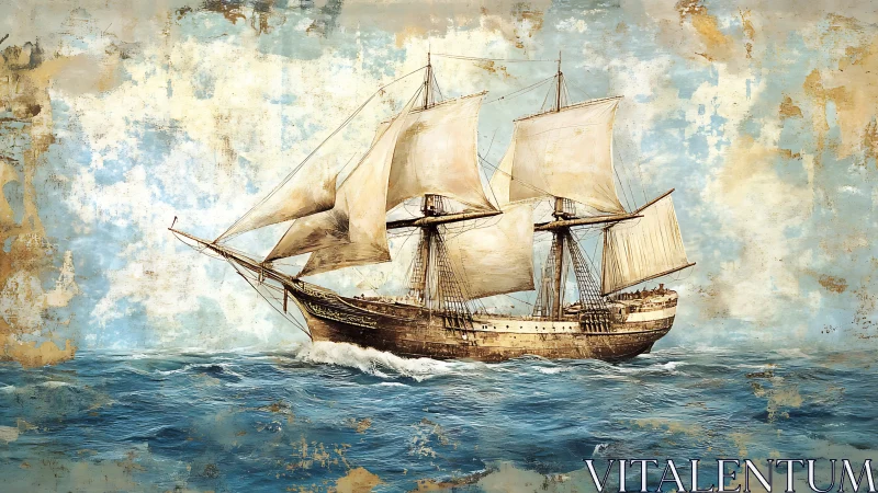 Weatherworn galleon rides cobalt seas beneath ragged skies.