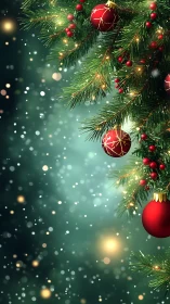 Christmas tree ornaments glow against dreamy green bokeh