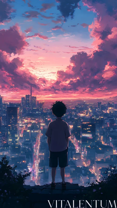 Solitary youth overlooking neon city at cinematic sunset.
