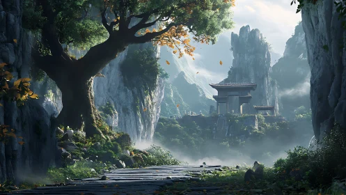 Mountain temple courtyard in misty forest valley landscape.