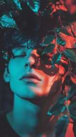 Dreamy portrait glows in teal and red neon forest light