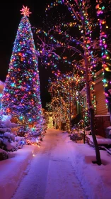 Snowy residential pathway lined with dense holiday lights.