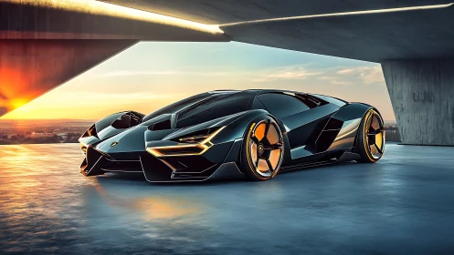 Sunset-lit futuristic supercar resting in quiet concrete shelter.