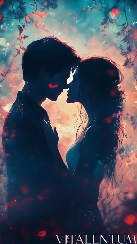 Silhouetted Couple Kissing Amid Luminous Floral Particles and Warm Light