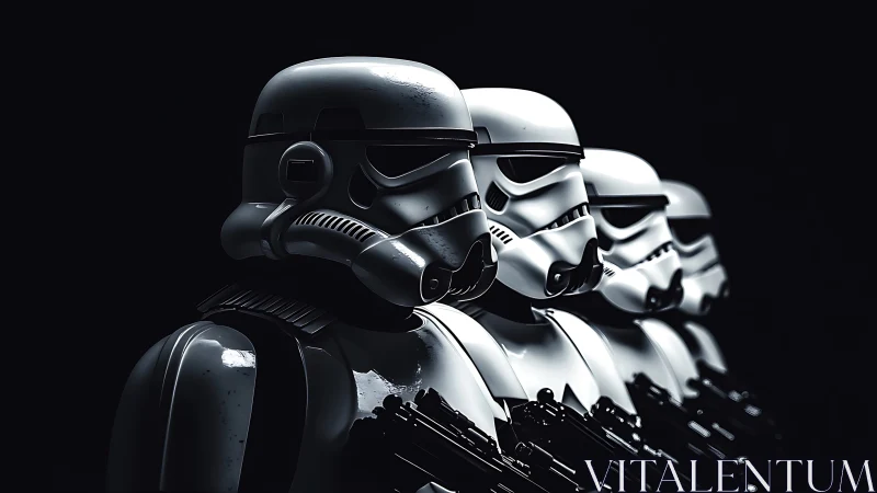 Row of armored sci‑fi soldiers stands in lateral alignment