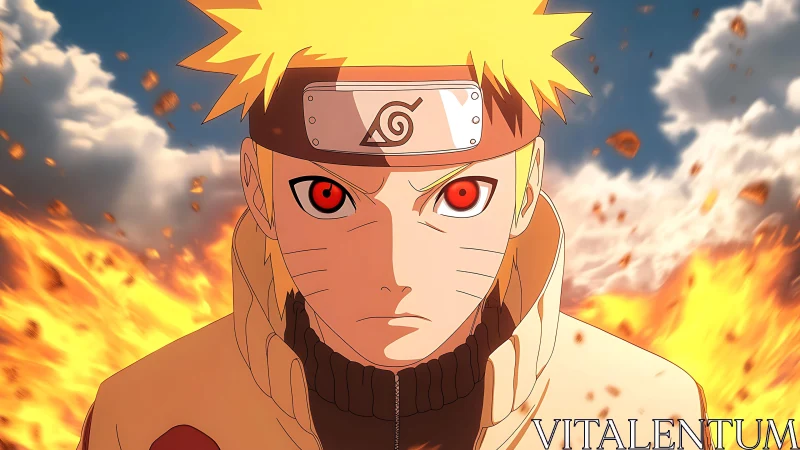 Fiery ninja hero stands strong amid blazing swirling flames