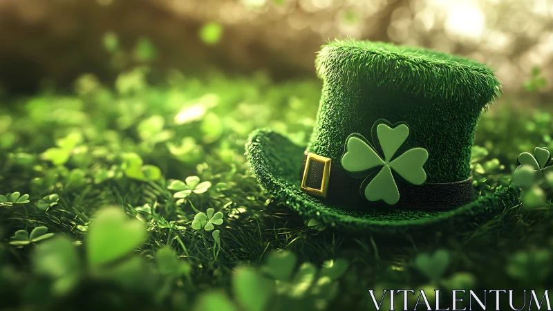 Textured leprechaun hat rests on clover field in shallow depth