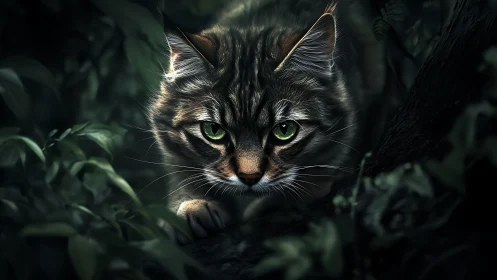 Tabby Cat with Green Eyes in Forest Setting.