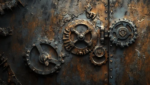 Rusted industrial gears on corroded steampunk metal wall.