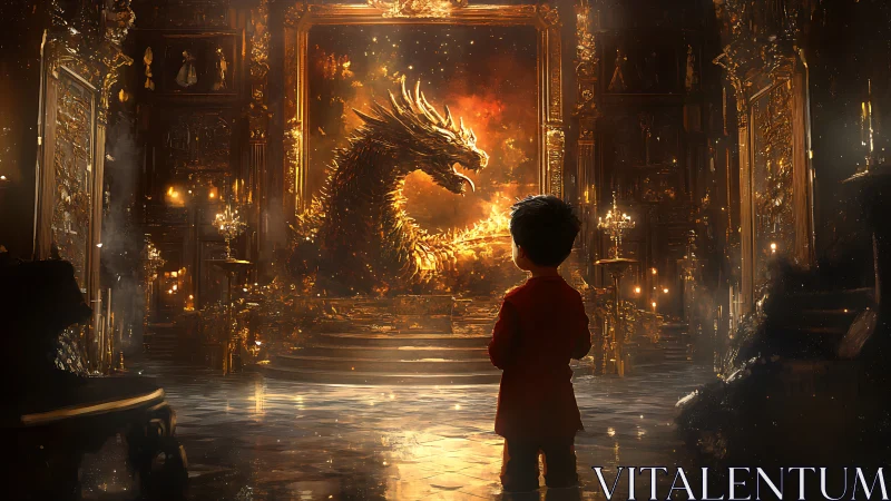 Gilded child confronts inferno dragon in a molten throne room.