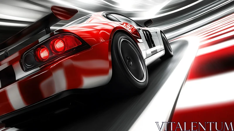 Red GT race car arcs through high-speed tunnel with motion blur