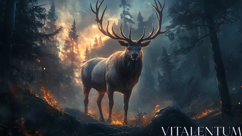 Majestic stag stands against fiery twilight forest blaze.