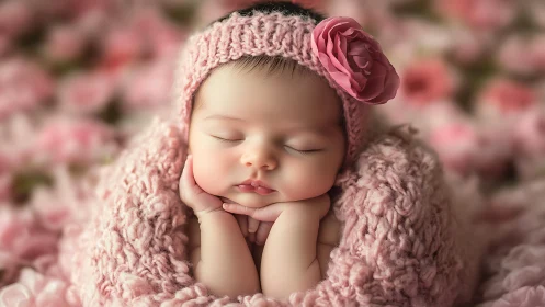 Newborn Baby in Pink Knit Bonnet Peacefully Sleeping.