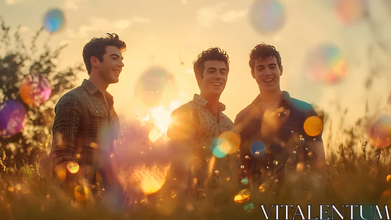 Sunlit trio laughing through floating prism bubbles at dusk.