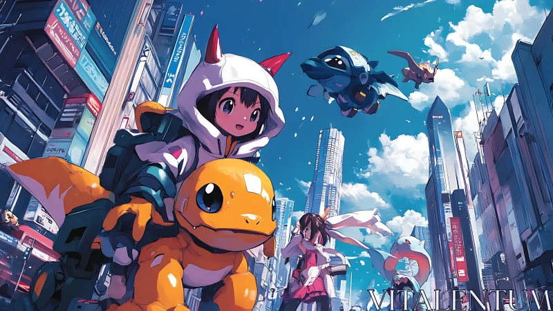 Joyful kids and robot creatures explore a bright city sky