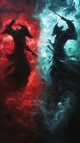 Duel of shadow warriors framed by red and blue swirling smoke.