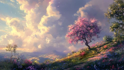 Sunlit flowering tree on hillside under towering cumulus sky