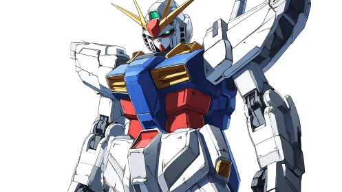 Anime mecha portrait in dynamic three-quarter perspective.