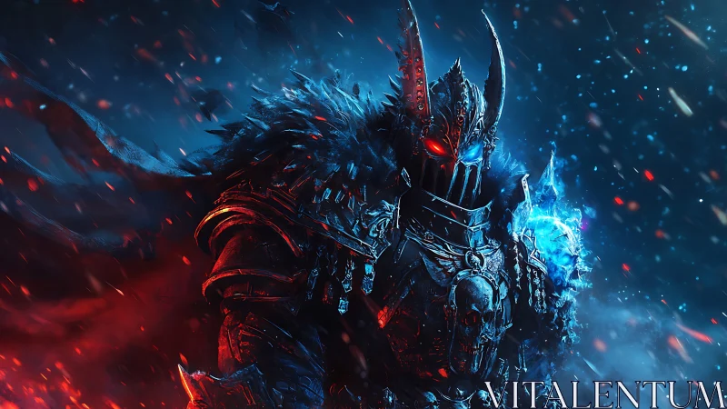 Demonic frost knight with flaming runes in blizzard storm.