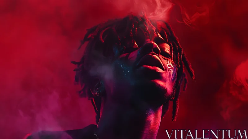 Portrait subject lit by red and blue gels in dense smoke