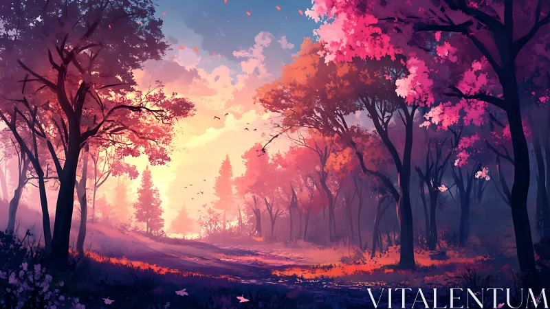 Enchanted Forest Path Bathed in Sunset Glow