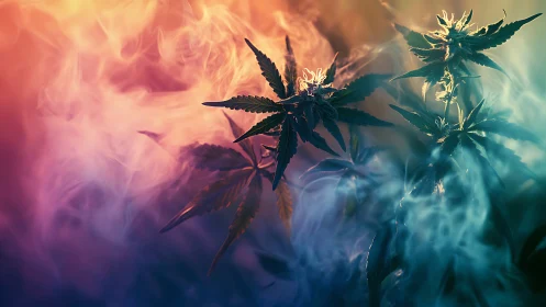 Nebula-kissed cannabis leaves drifting through chromatic haze.