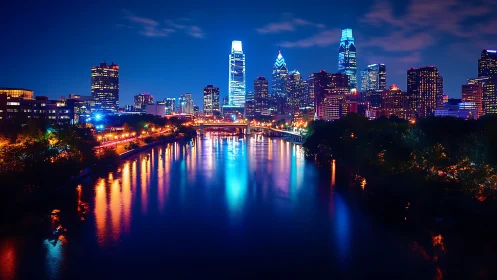 Vibrant riverside city skyline under deep blue night sky.