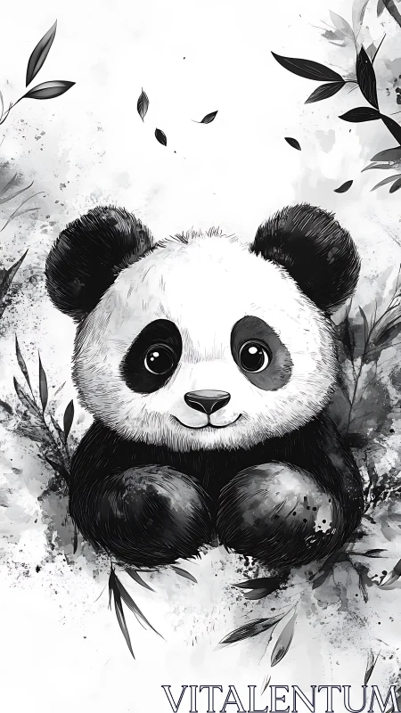 Playful baby panda rests amid soft ink-washed bamboo leaves
