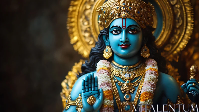 Blue-skinned deity statue is rendered with ornate gold adornments