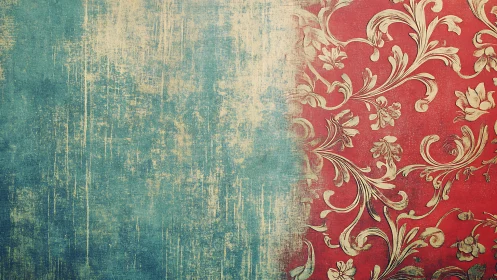 Distressed teal ground intersects ornate red baroque damask