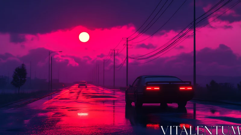 Car drives on wet highway under neon pink sunset sky