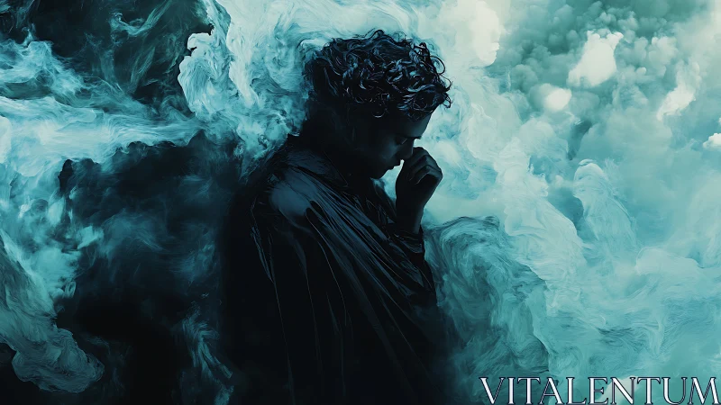 Solitary figure immersed in teal swirling ethereal clouds.