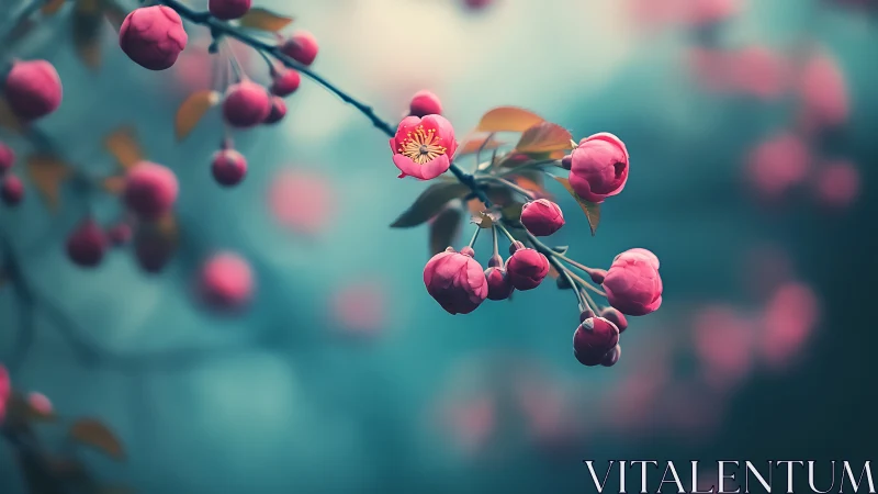 Delicate Pink Cherry Blossoms with Selective Focus Against Soft Teal Background