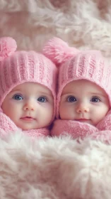 Twin Babies in Pink Warmly Bundled Together