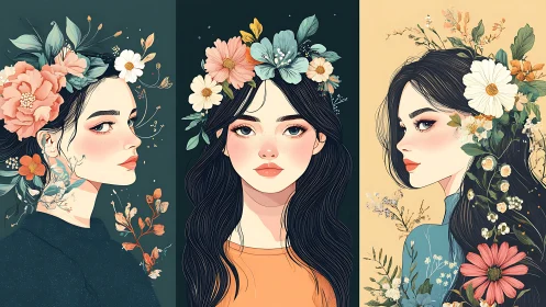 Triptych portrait of stylized women with floral headpieces.