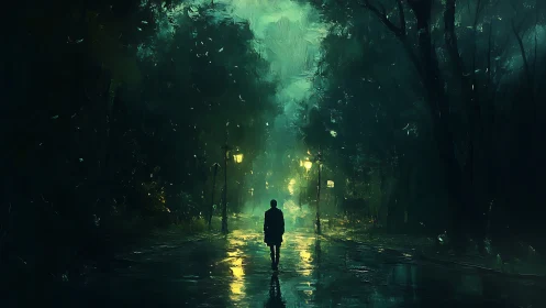Backlit solitary figure in rain-soaked nocturnal park corridor
