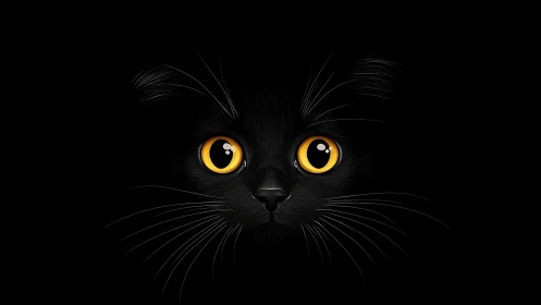 Black Cat with Golden Eyes on Dark Background.