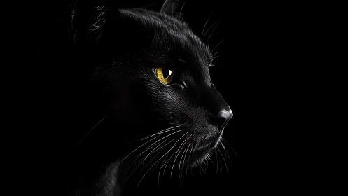 Black Feline Portrait with Luminous Golden Iris Against Void
